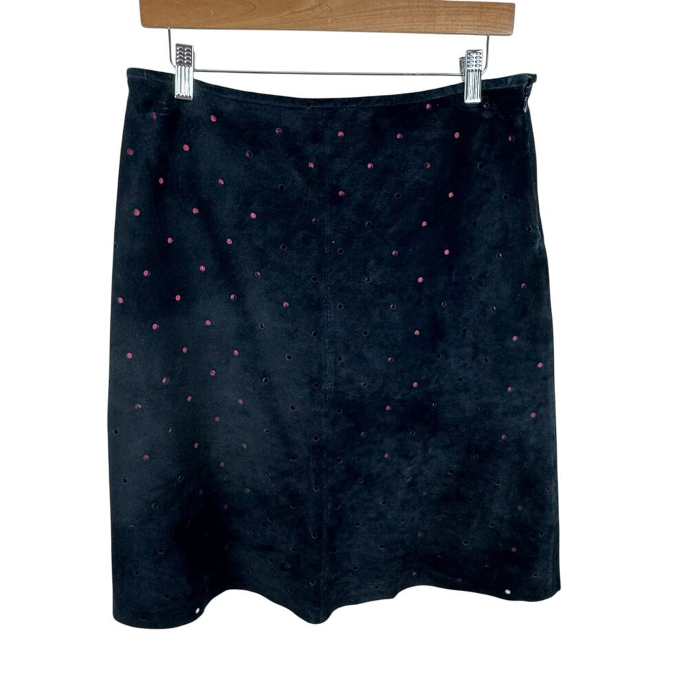 Acorn Black Suede Leather Peek-A-Boo Burgundy Lining A-Line Short Skirt Size 8